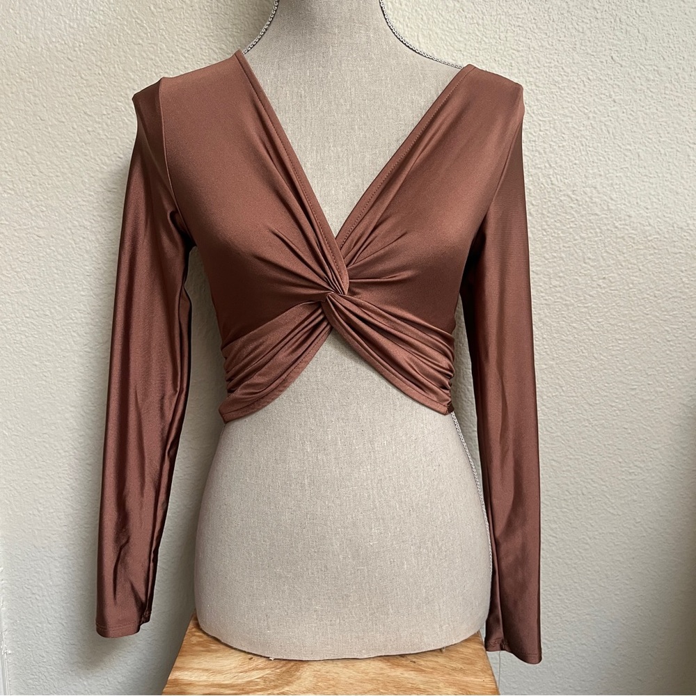 Papermoon Copper Brown Twist-Front Crop Top, size Small